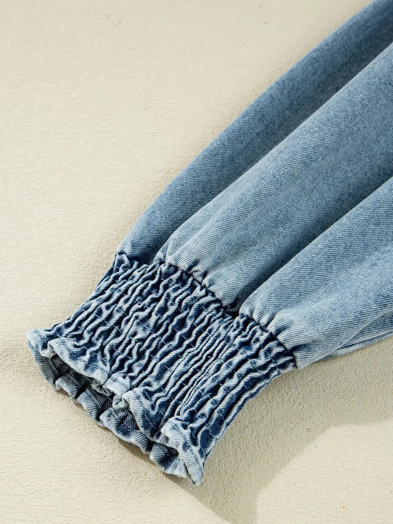 Smocked Cuffs Flared Denim Shirt Mini Dress Simply Love