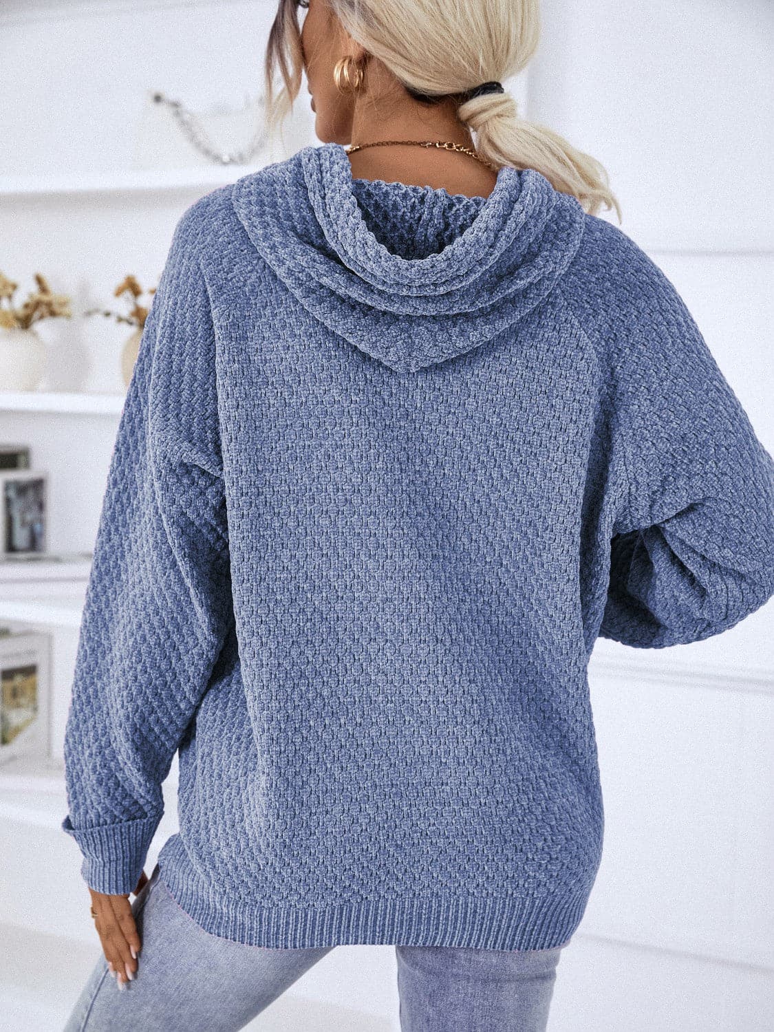 Texture Drawstring Long Sleeve Hooded Sweater.