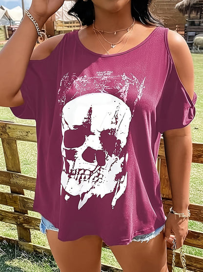 Stylish plus size skeleton cold shoulder tee for casual flair