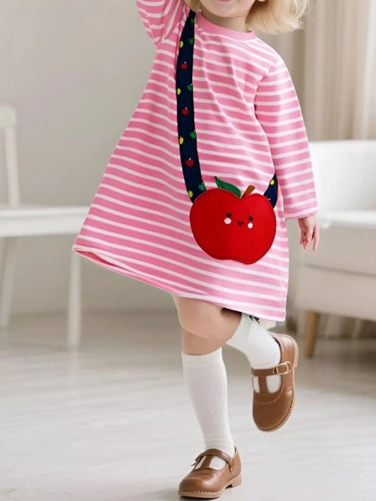 Children's Apple Applique Striped Long Sleeve Dress Simply Love