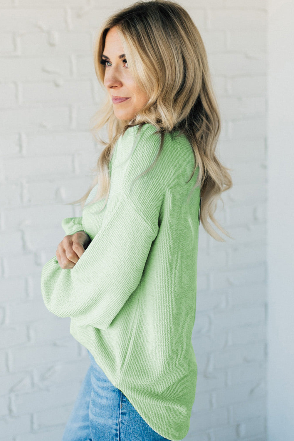 Moonlit jade ribbed drop shoulder pullover top