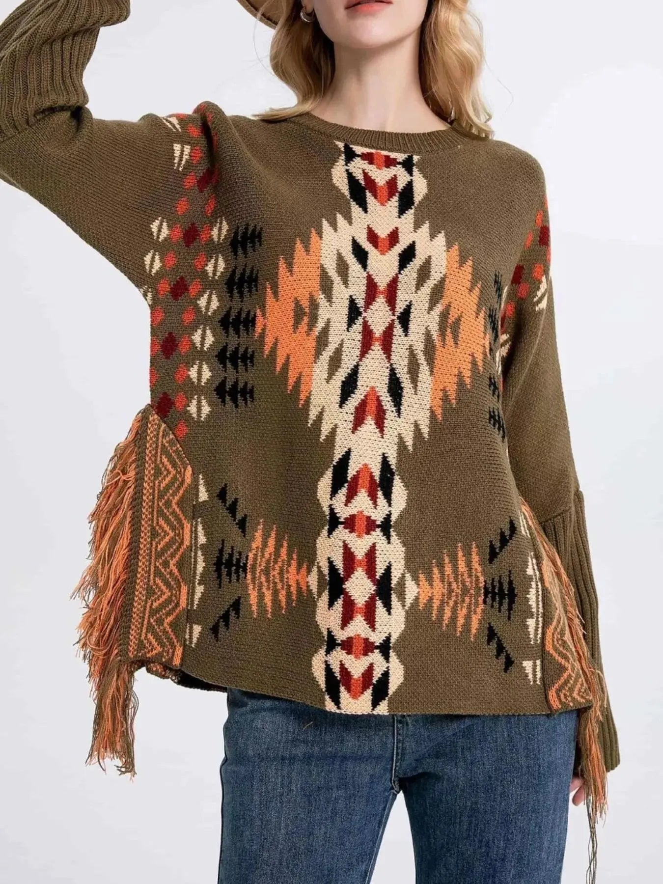 Geometric Pattern Fringe Sweater Simply Love