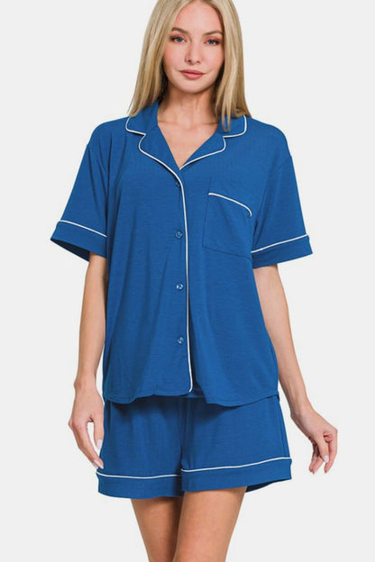 Cozy Chic Button-Up Short Sleeve Lounge Set with Matching Shorts