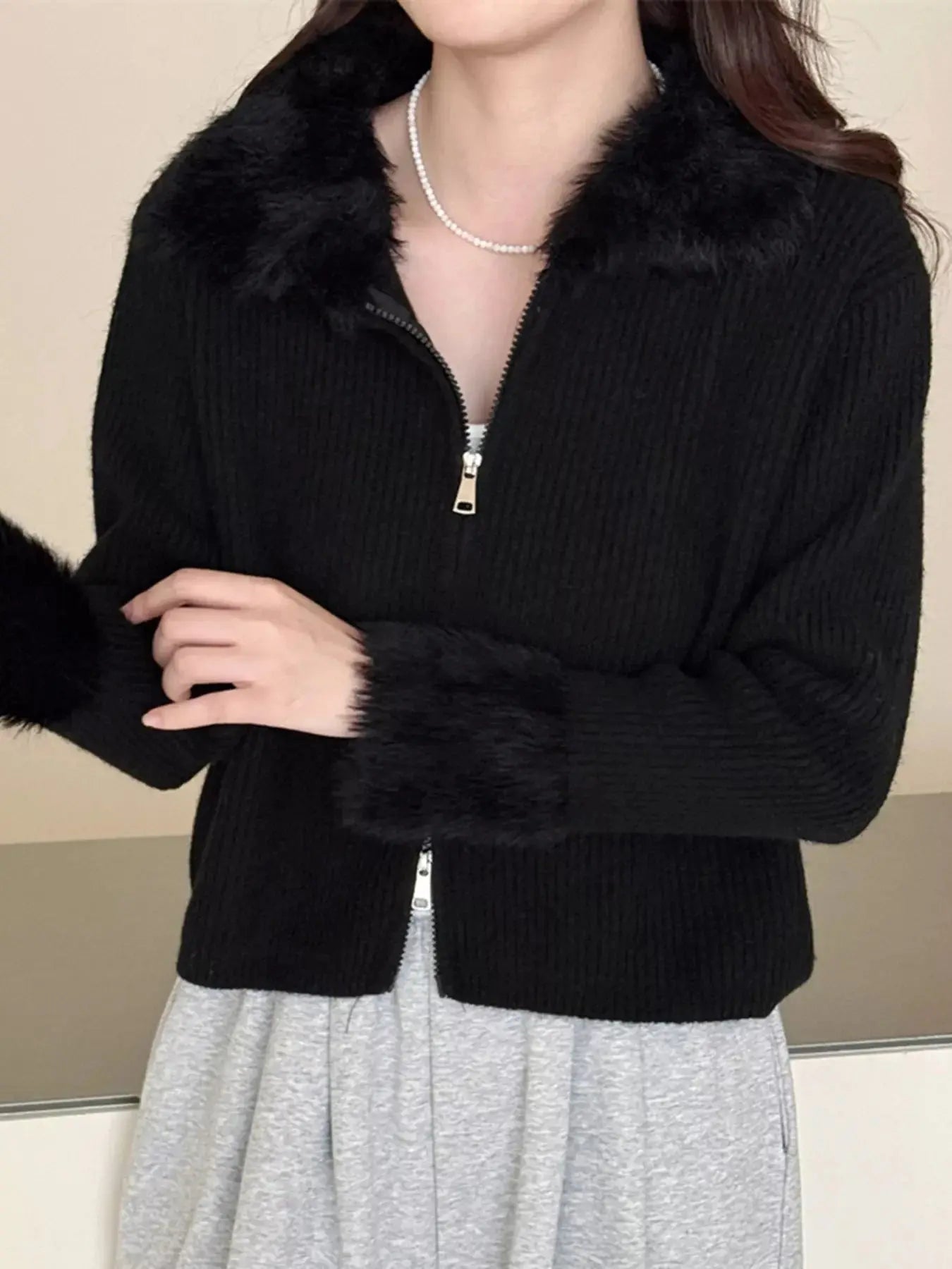 Fluffy Trim Zip-Up Cardigan Simply Love