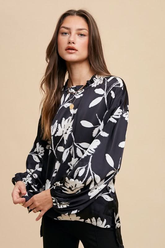 Frilly Elegance: Printed Balloon Sleeve Blouse