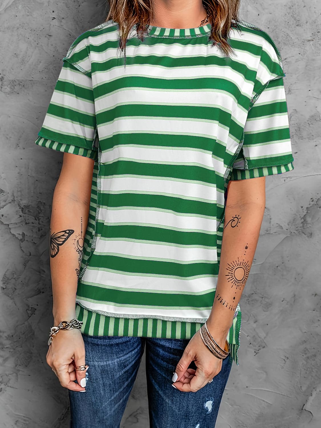 Full Size Contrast Stitching Striped Round Neck T-Shirt.