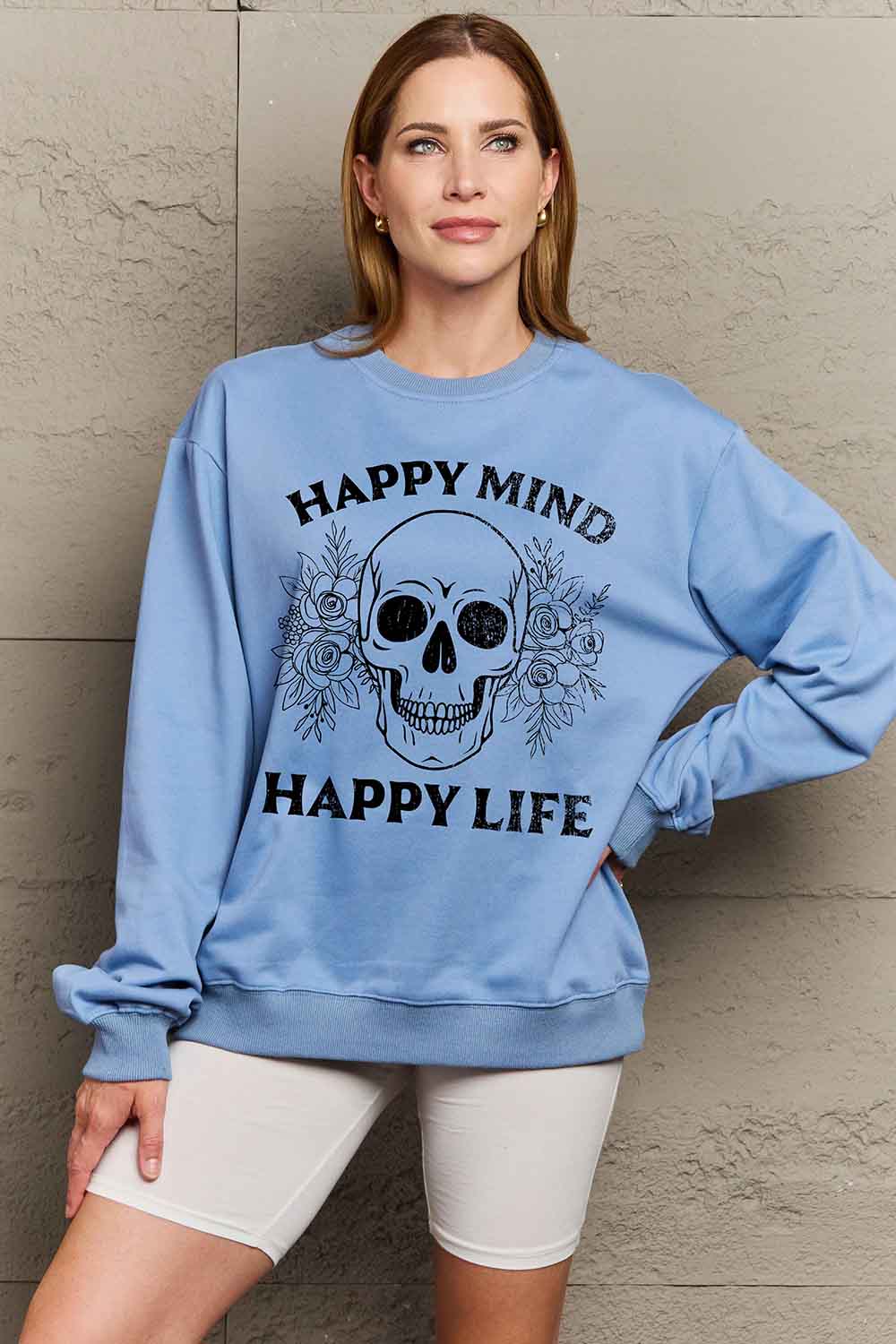 Happy mind, happy life skull graphic sweatshirt by Simply Love