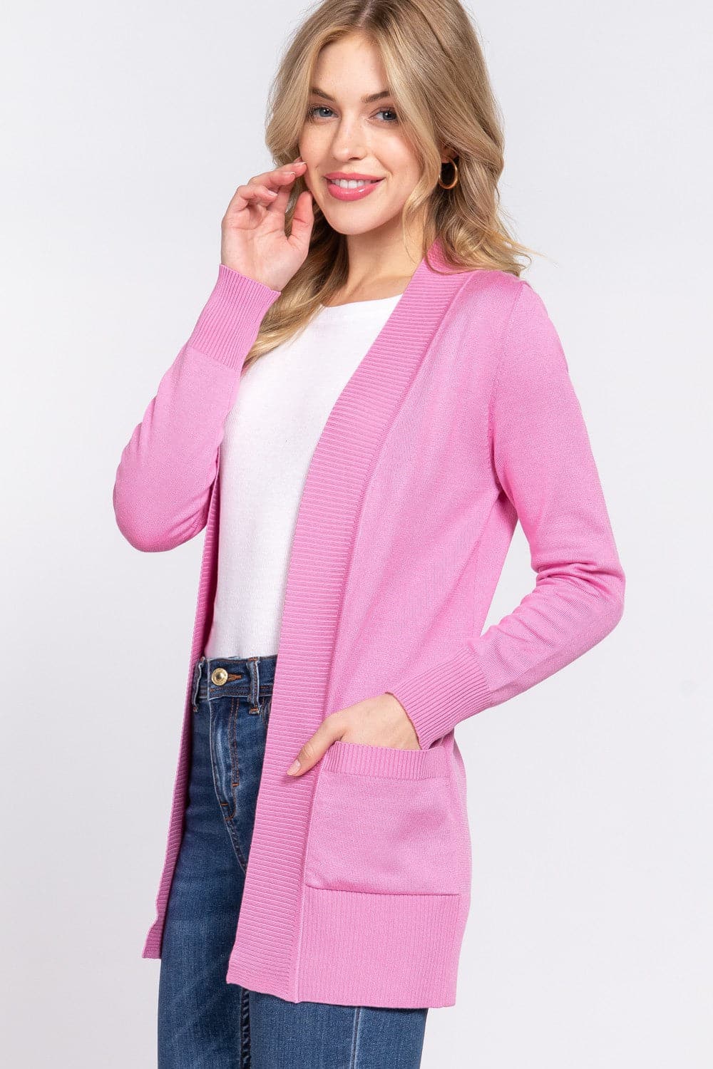 ACTIVE BASIC Ribbed Trim Open Front Cardigan.