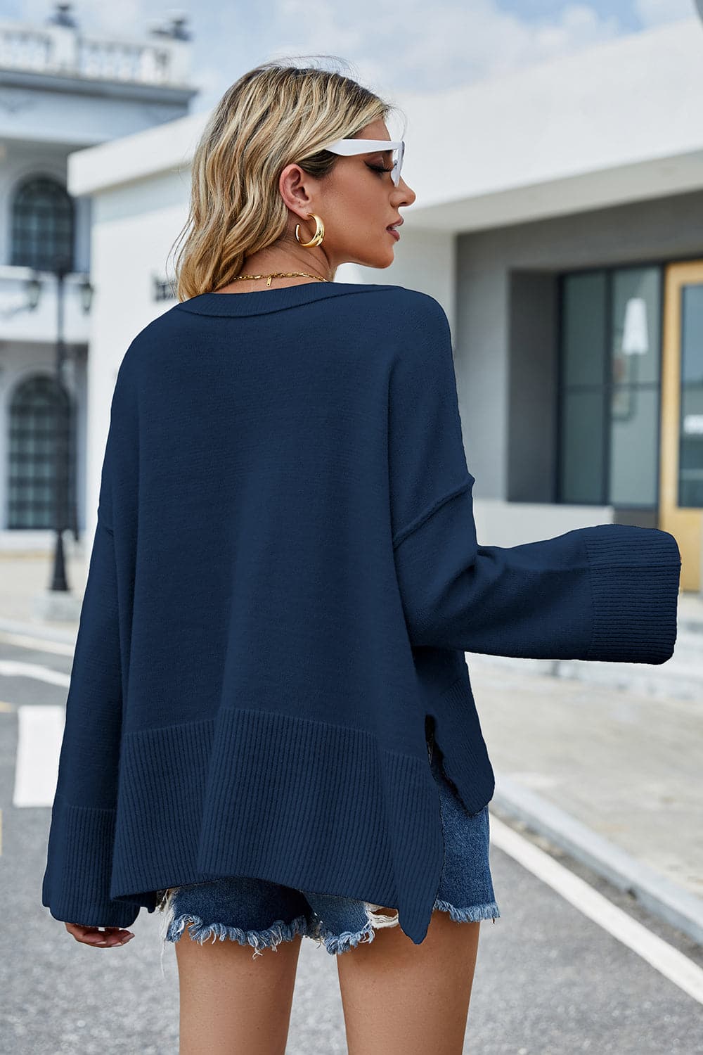 Round Neck Dropped Shoulder Slit Sweater.