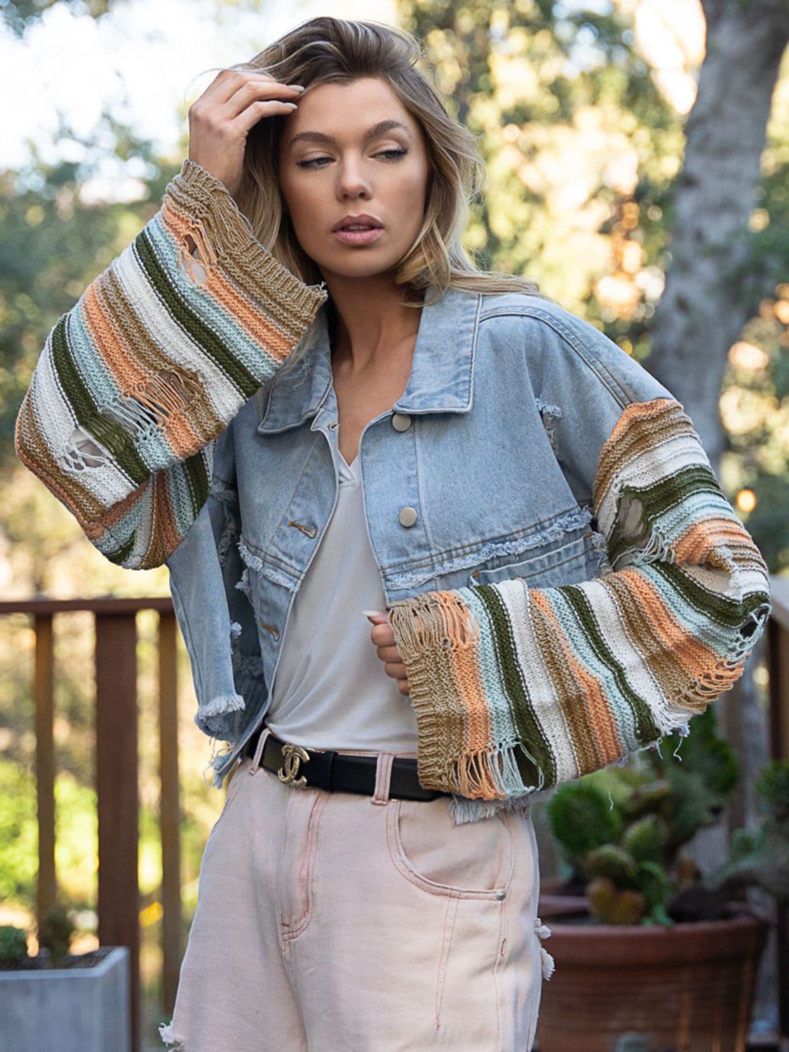 Distressed Striped Long Sleeve Denim Jacket.