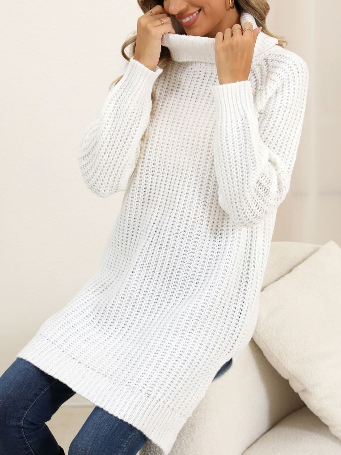 Slit Turtleneck Long Sleeve Sweater