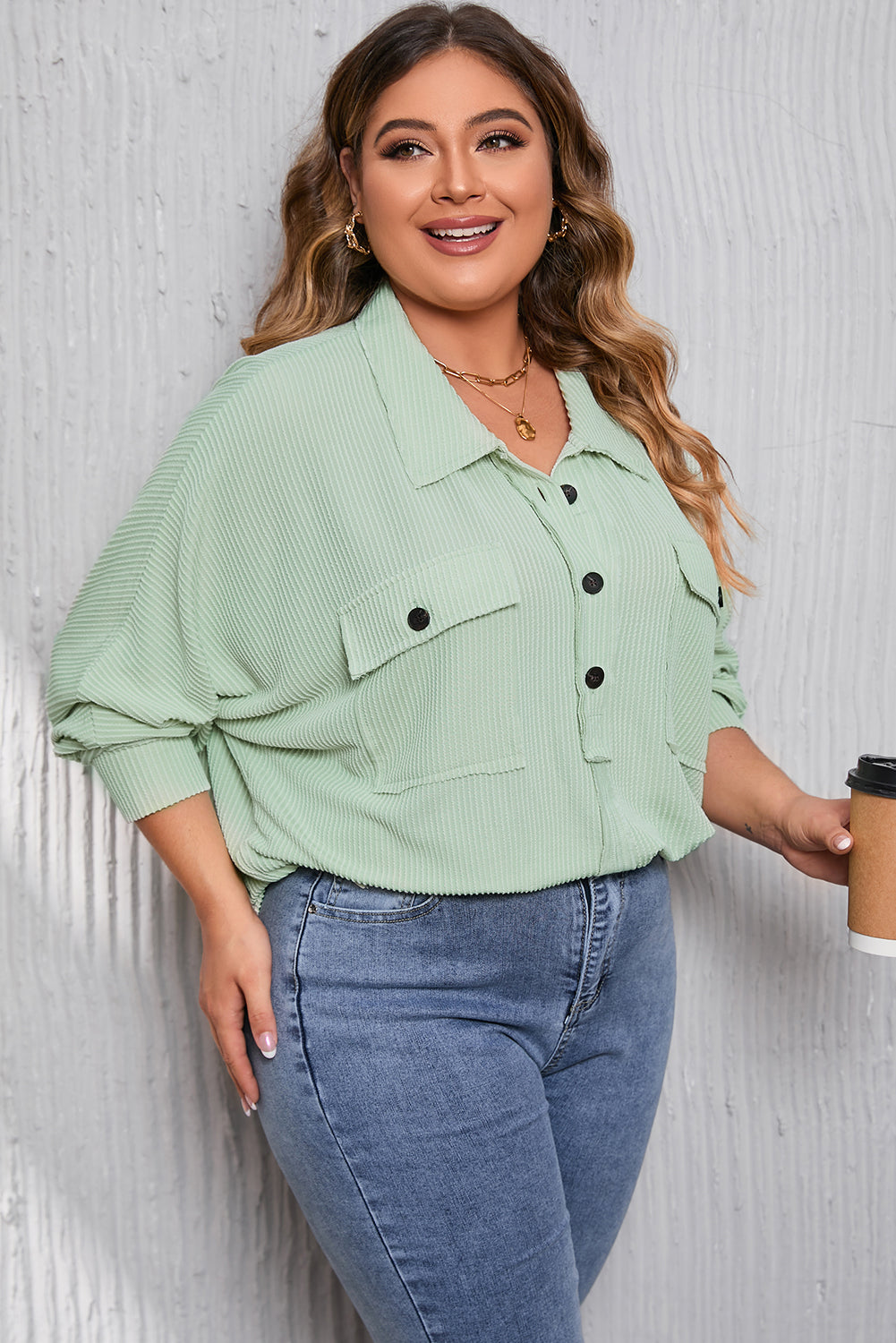 Chic green plus size ribbed henley top with pockets and long sleeves