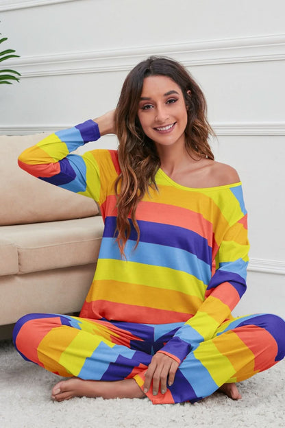 Striped Long Sleeve Lounge Set with Drawstring Pants and Round Neck Top