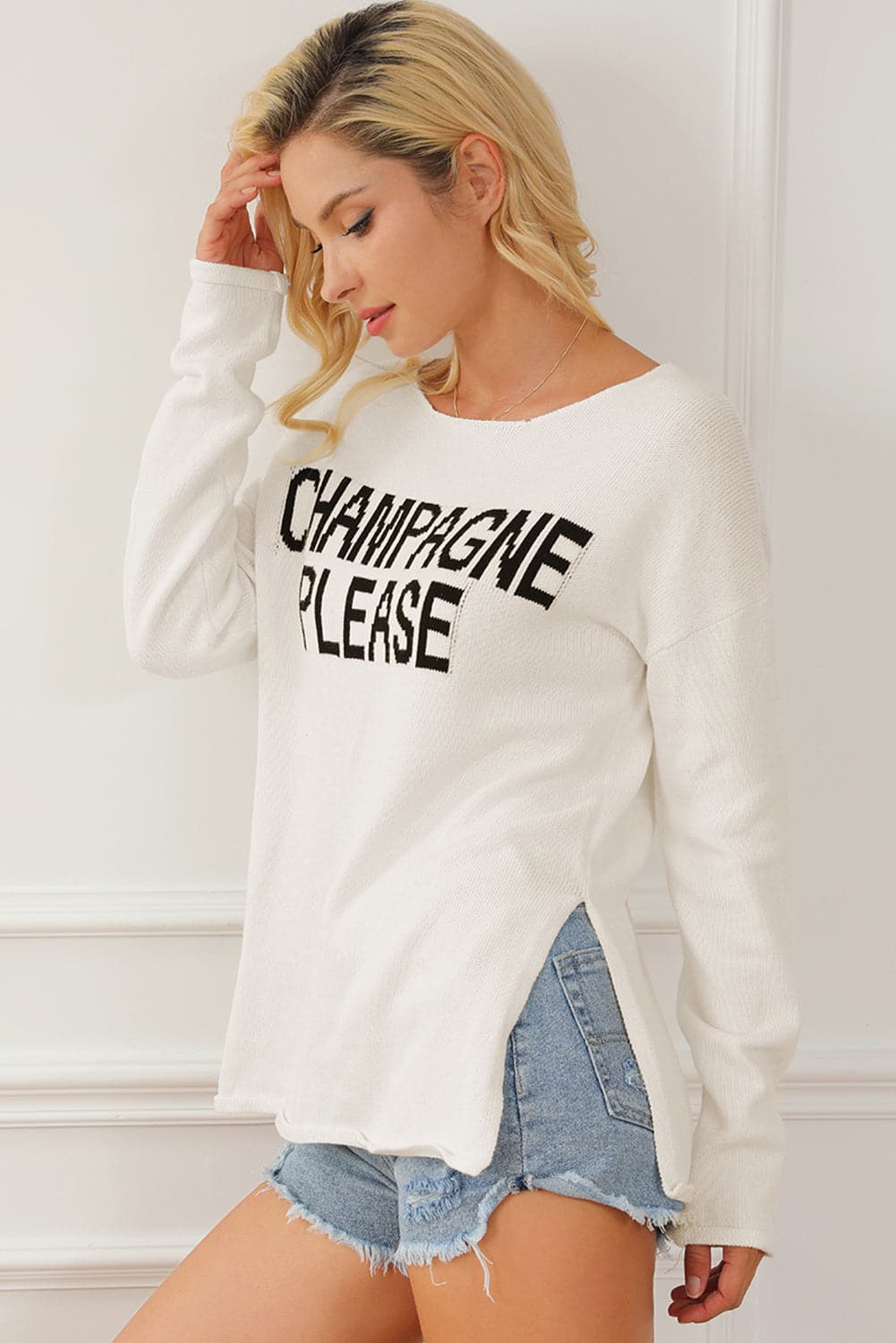 CHAMPAGNE PLEASE Long Sleeve Slit Sweater.