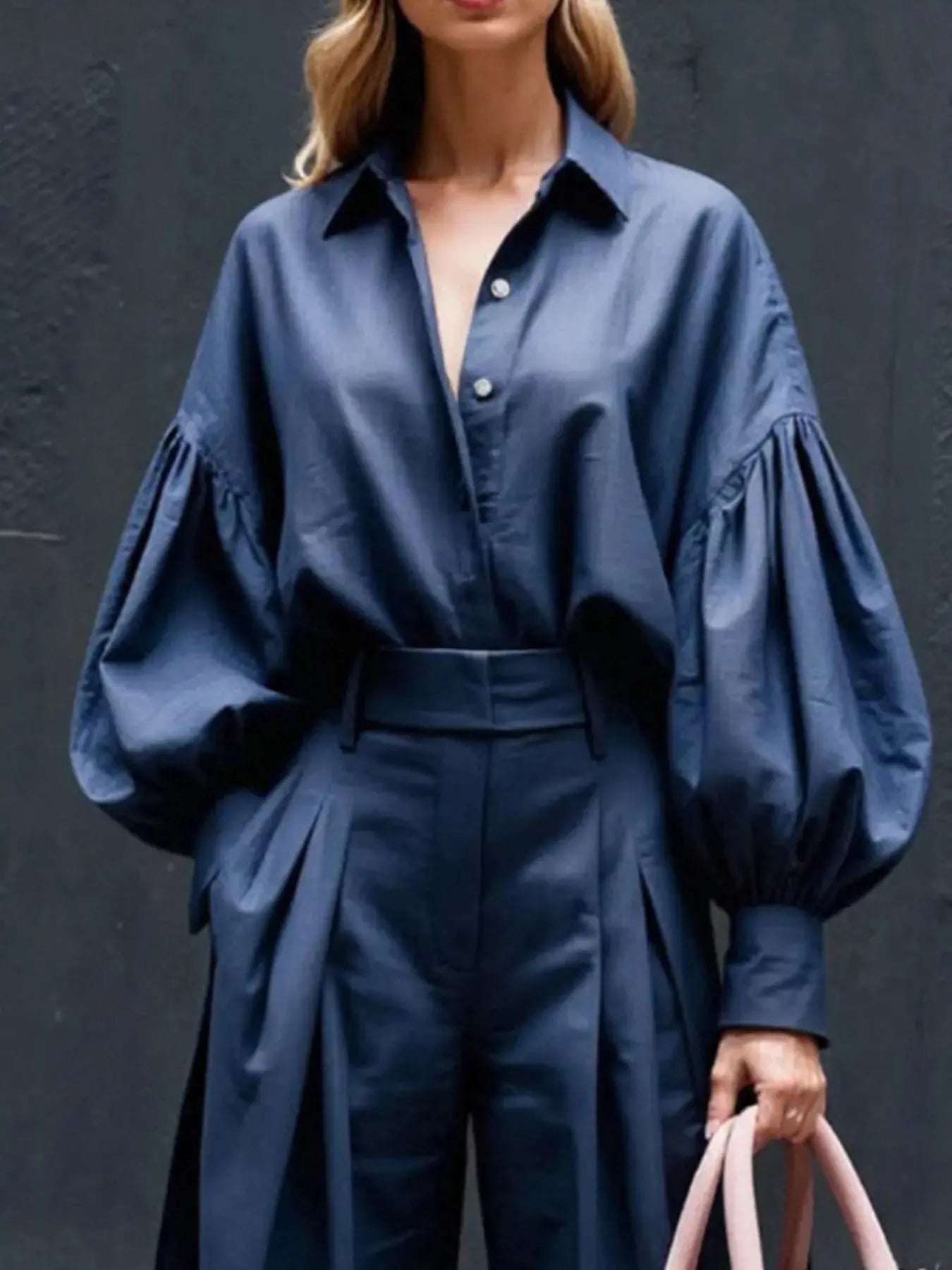 Lantern Sleeve Shirt and Wide Leg Pants Set Simply Love