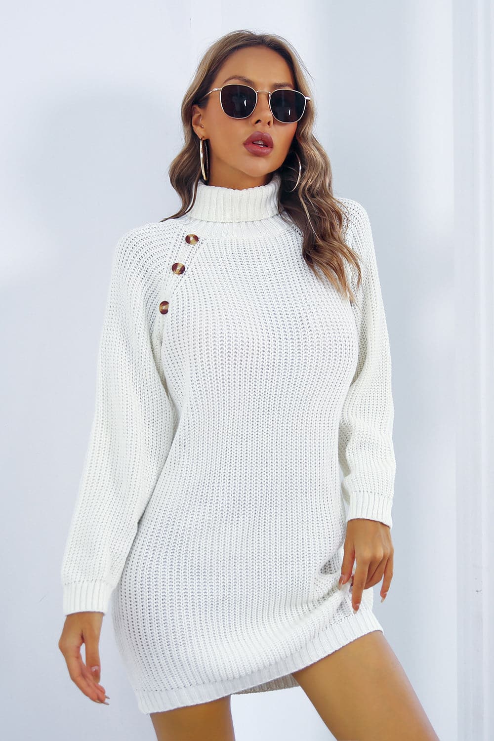 Buttoned Turtleneck Long Sleeve Sweater Dress.