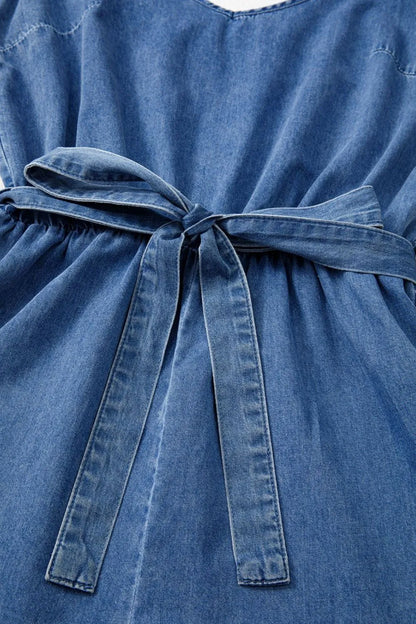 Spaghetti Straps V Neck Belted Ruffled Leg Chambray Romper