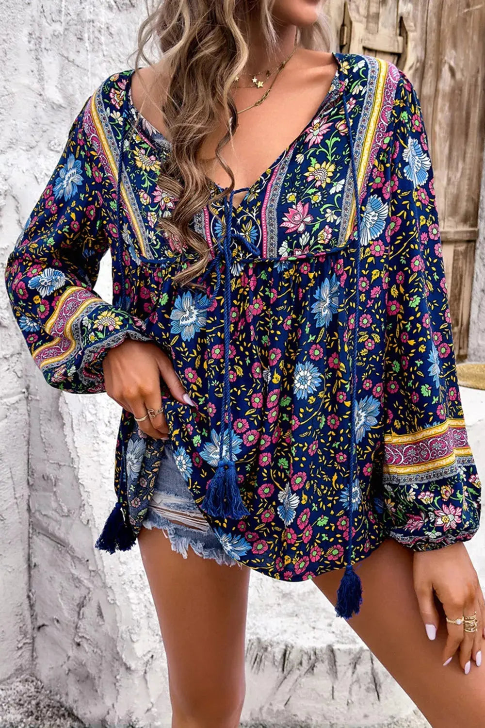 Floral Print Tie Neck Blouse Simply Love
