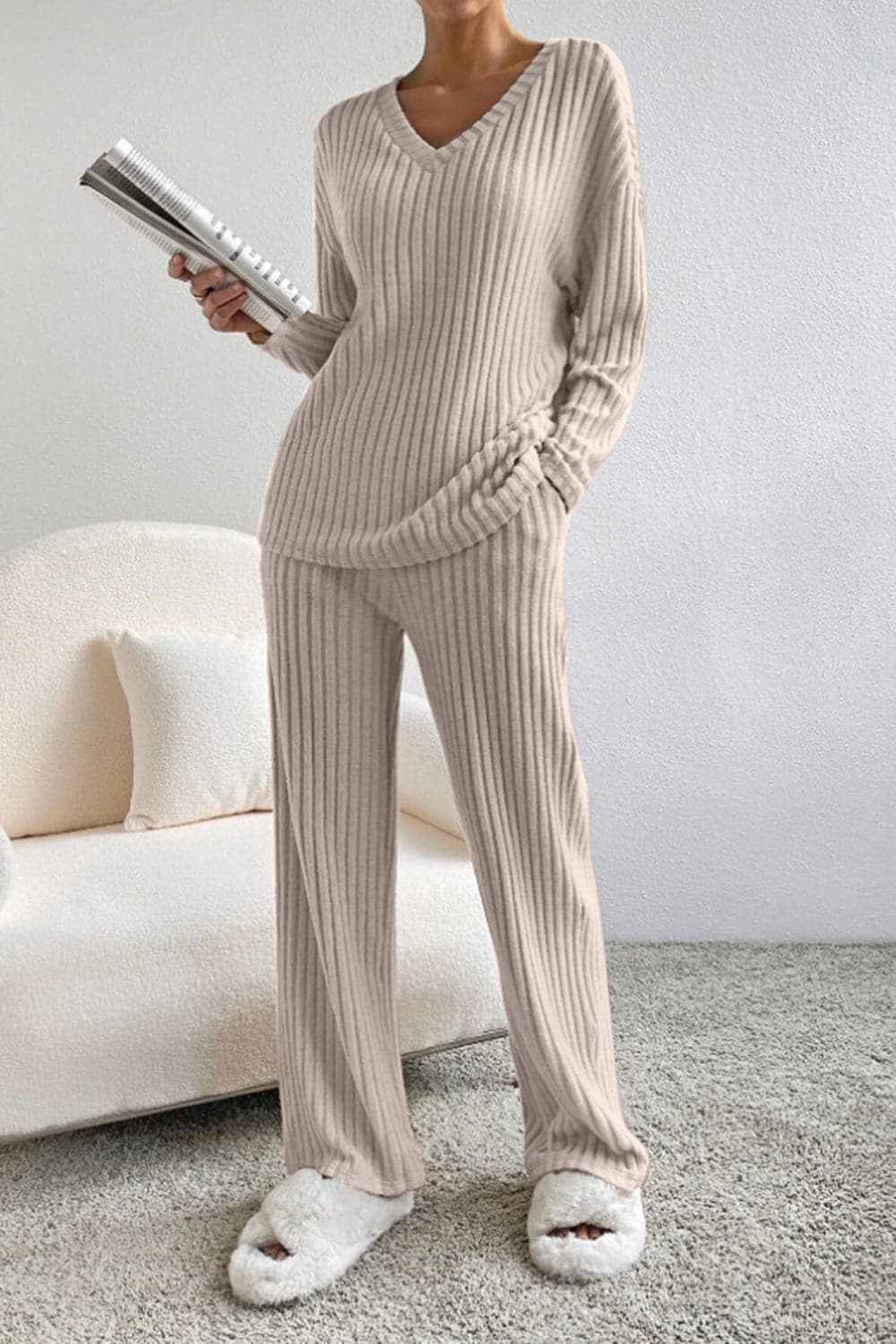 Ribbed V-Neck Top and Pants Set.