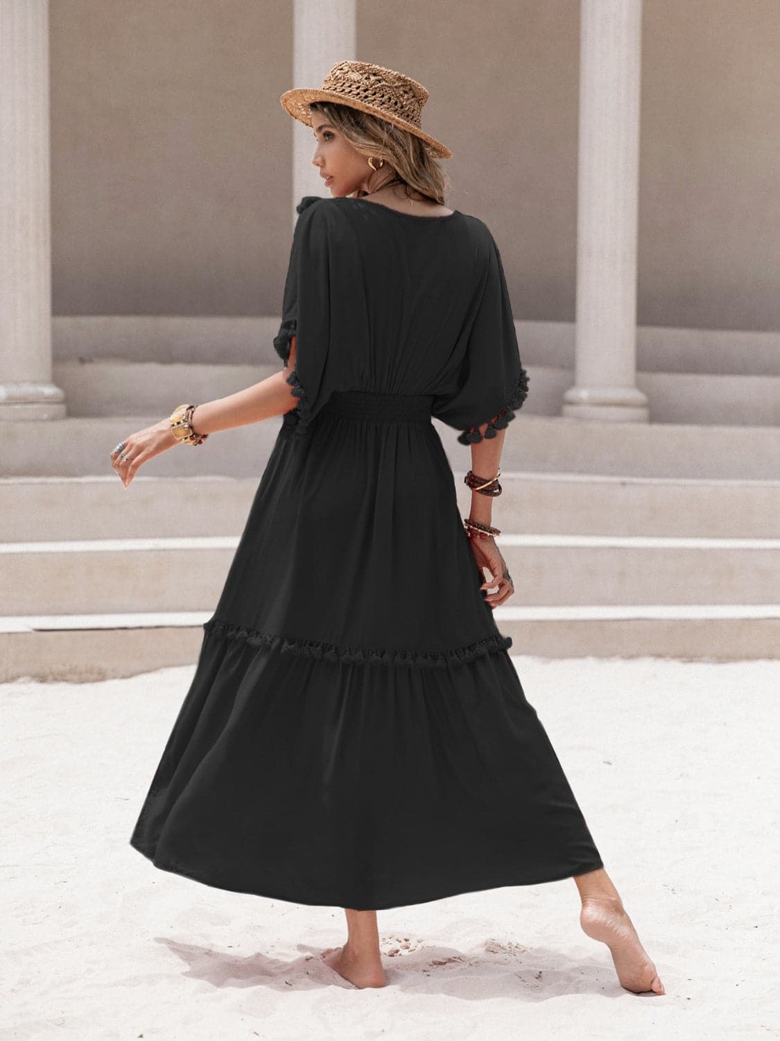 Tassel Trim Smocked V-Neck Short Sleeve Dress.