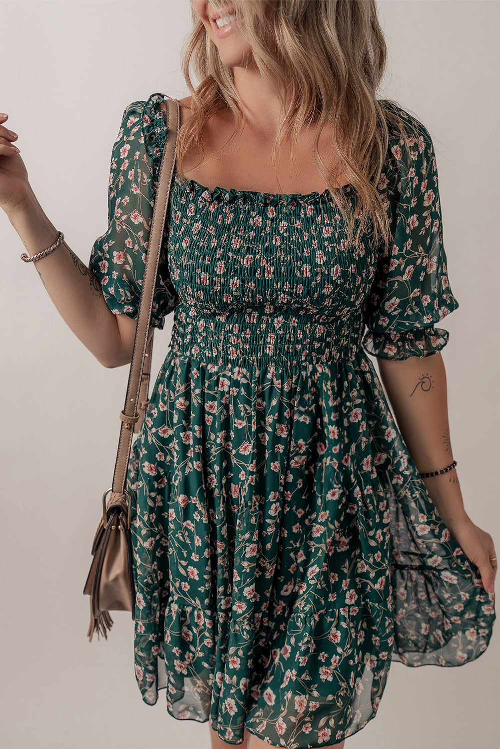 Green Smocked Square Neck Puff Short Sleeve Floral Dress