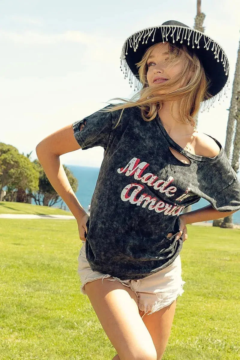 BiBi Laser Cut Mineral Washed America Print Top - Love Salve 