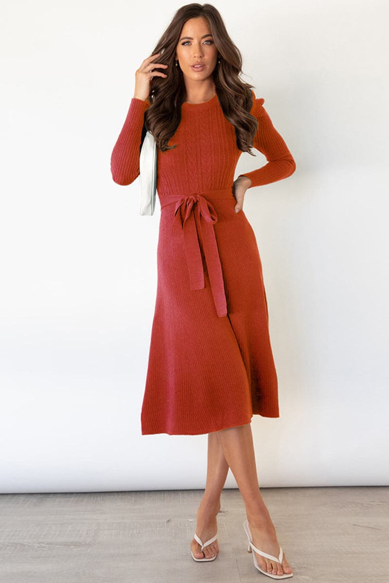 Round Neck Long Sleeve Tie Waist Sweater Dress.