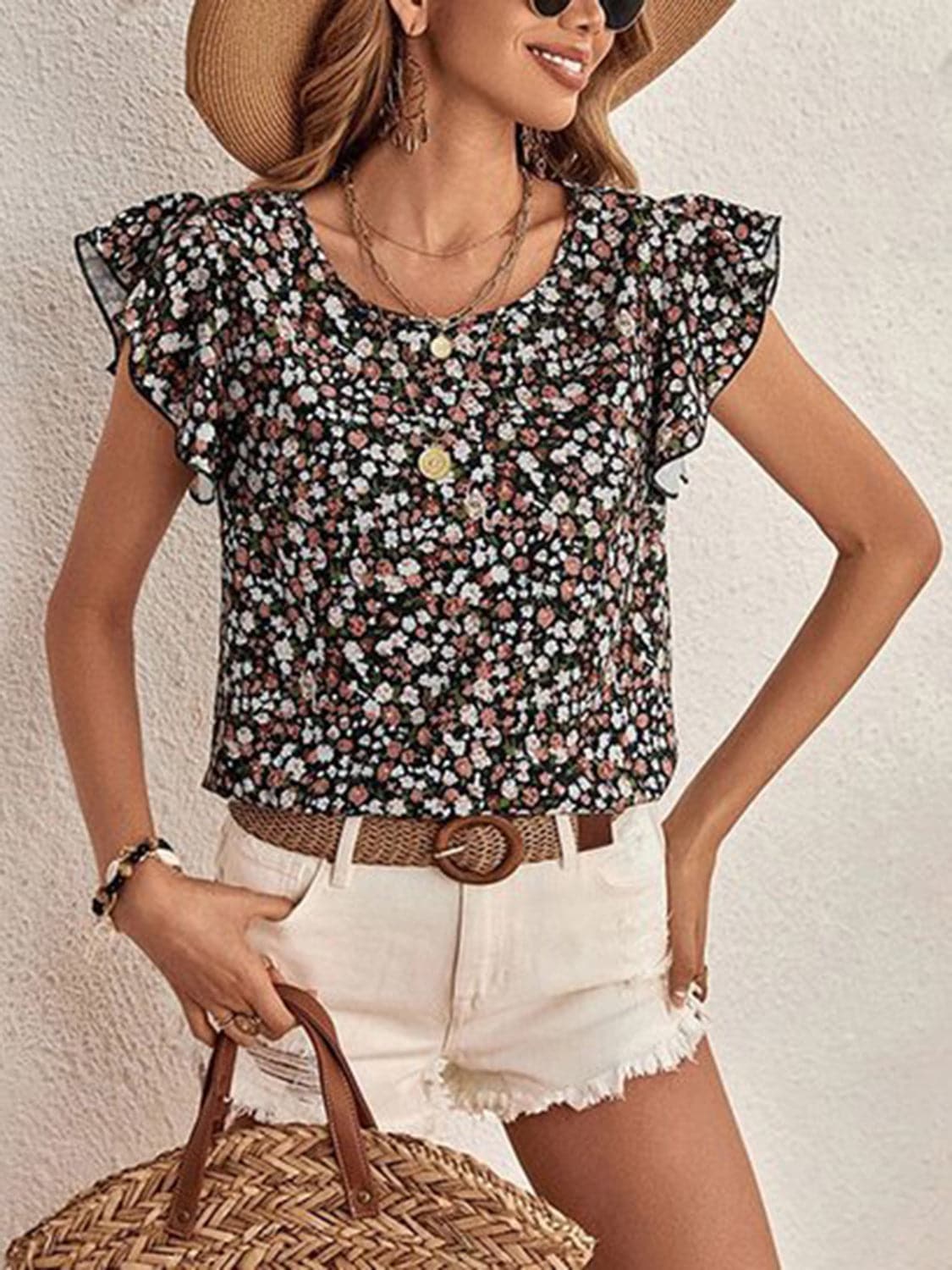 Ditsy Floral Round Neck Cap Sleeve Top.