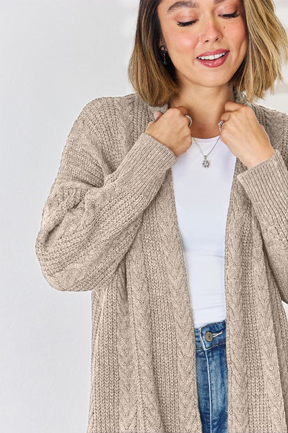 Cable-Knit Open Front Dropped Shoulder Cardigan.