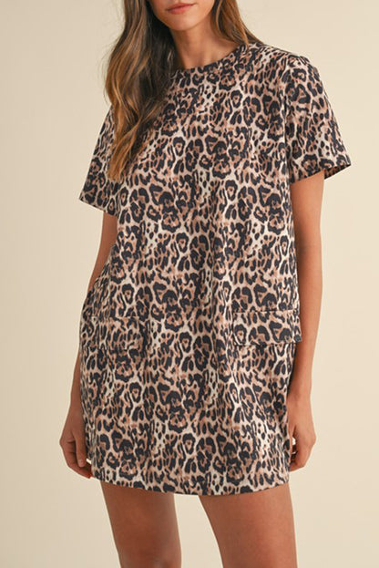 Chic Brown Leopard Print Shift Mini T-Shirt Dress with Crew Neck