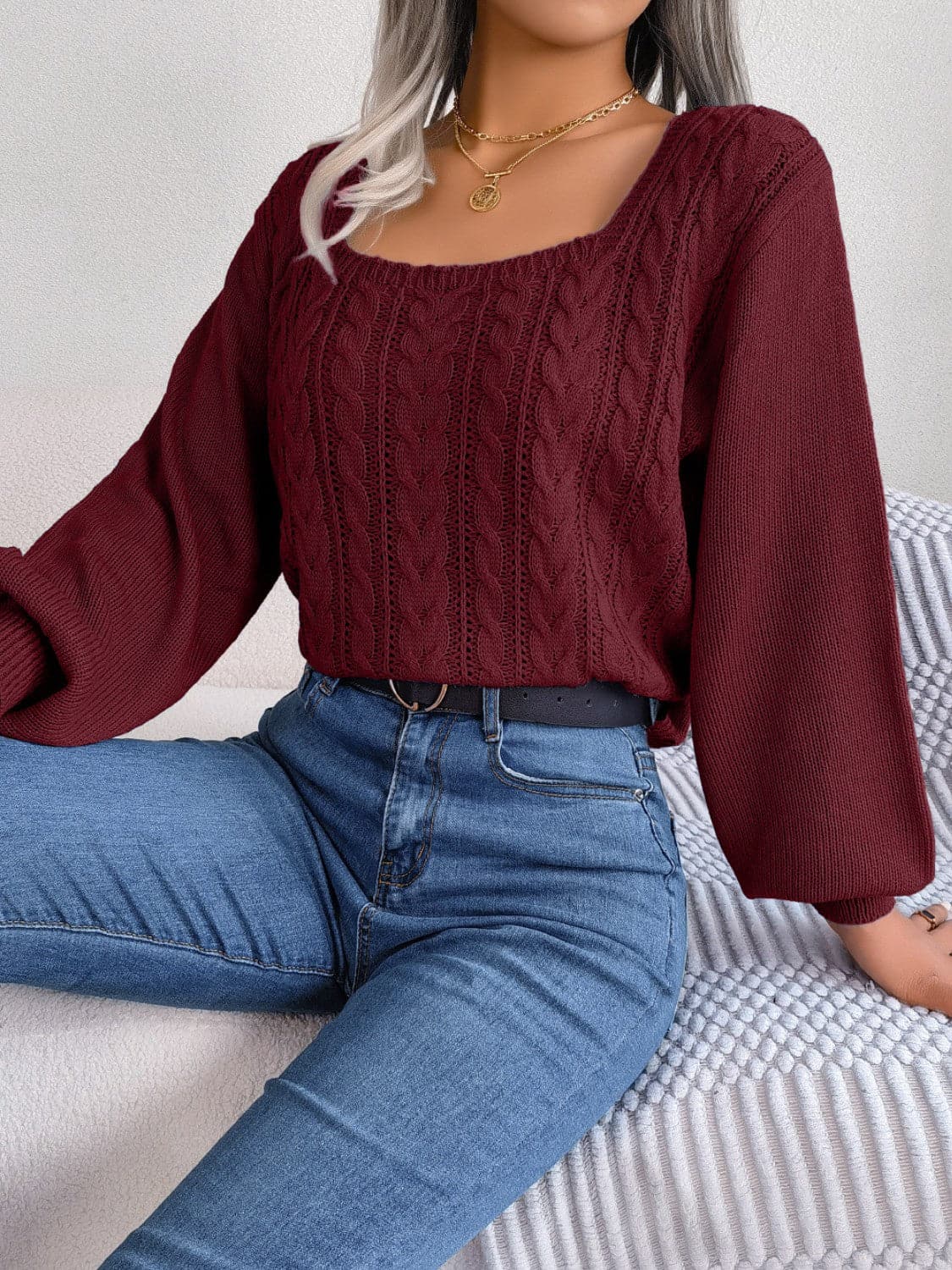 Cable-Knit Square Neck Long Sleeve Sweater.