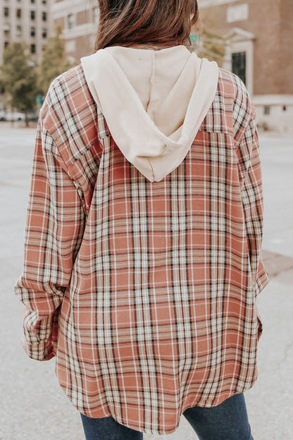 Plaid Drawstring Hooded Long Sleeve Top