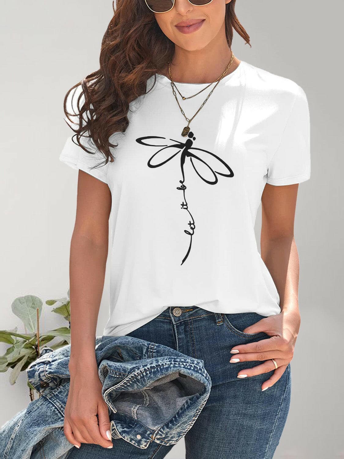 Dragonfly Graphic Round Neck Short Sleeve T-Shirt.