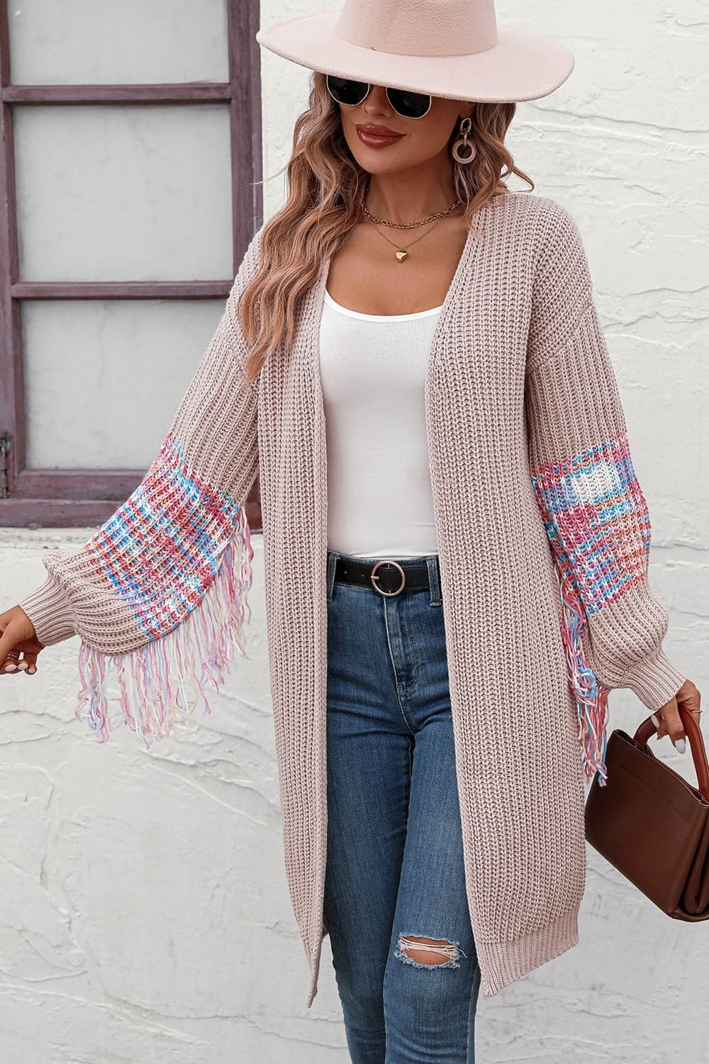 Fringe Sleeve Dropped Shoulder Cardigan.