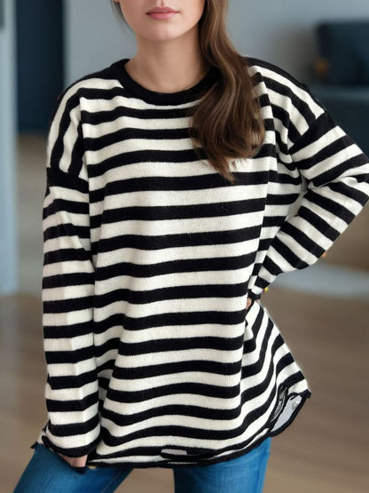 Distressed Striped Round Neck Long Sleeve Sweater