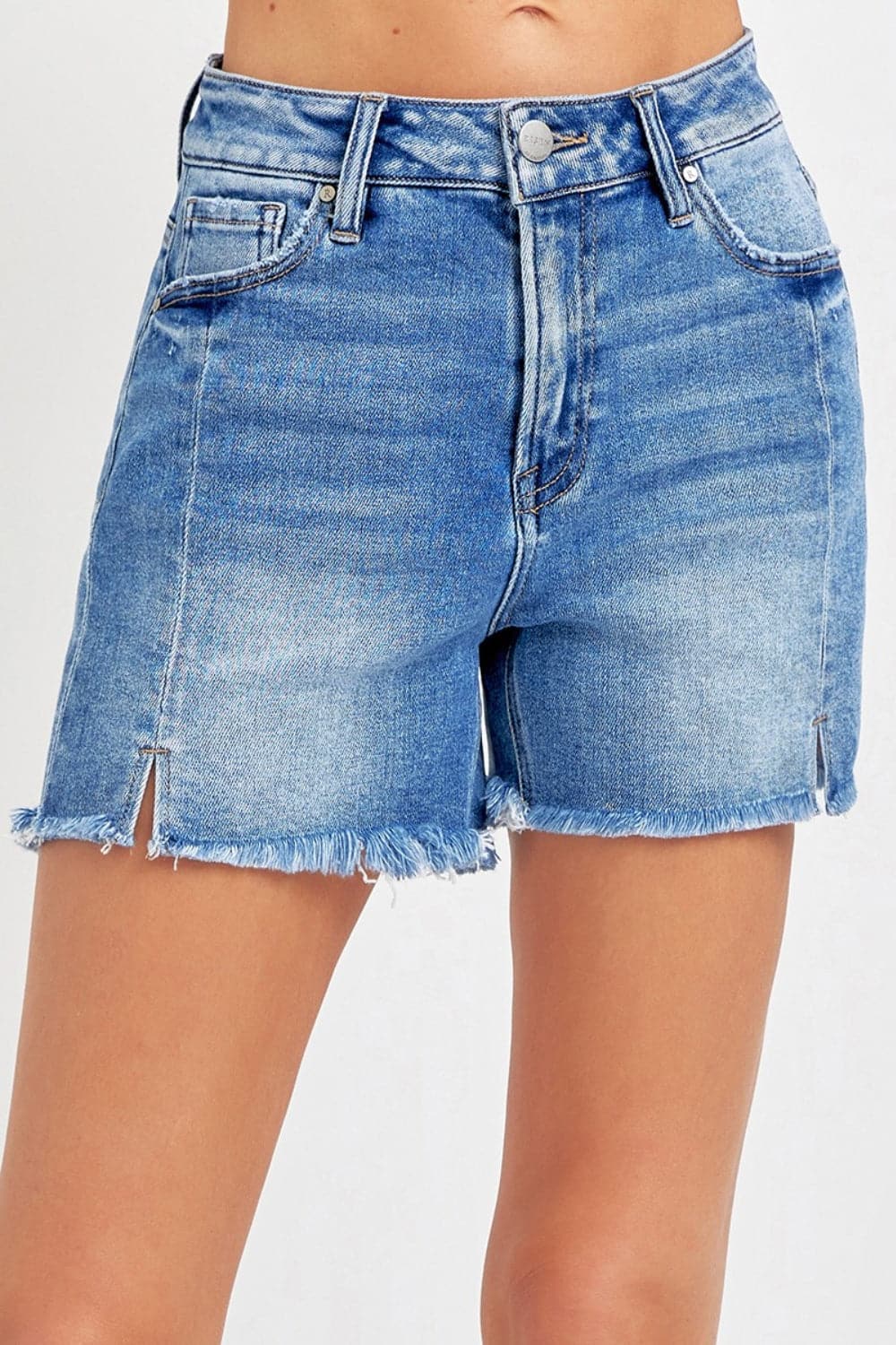 RISEN Front Slit Raw Hem Denim Shorts.