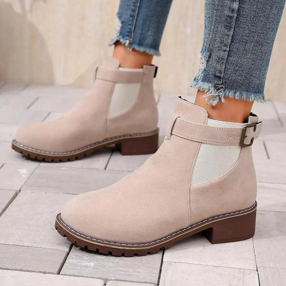 Women Round Toe Block Heel Ankle Boots Buckle Strap PU Leather Black Simply Love