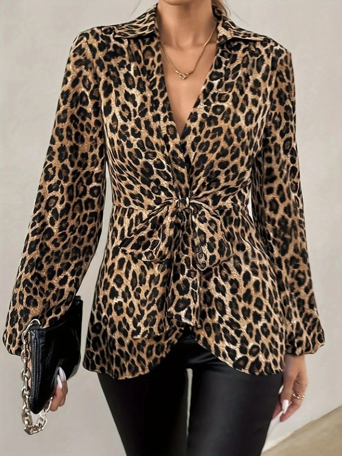 Leopard Tie Front Long Sleeve Blouse Coco’s Tee Boutique