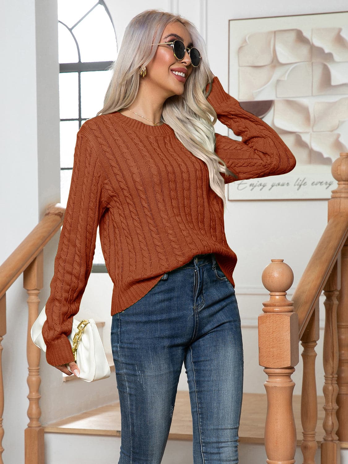 Cable-Knit Round Neck Long Sleeve Sweater.