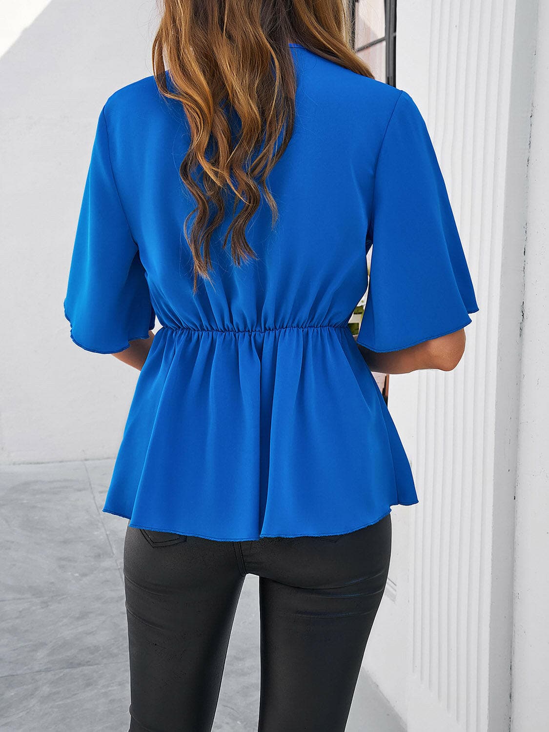 Surplice Tie Waist Half Sleeve Blouse.