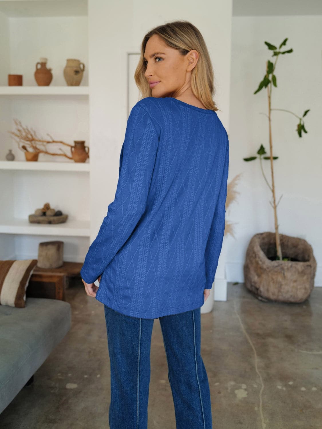 Slit Round Neck Long Sleeve T-Shirt.