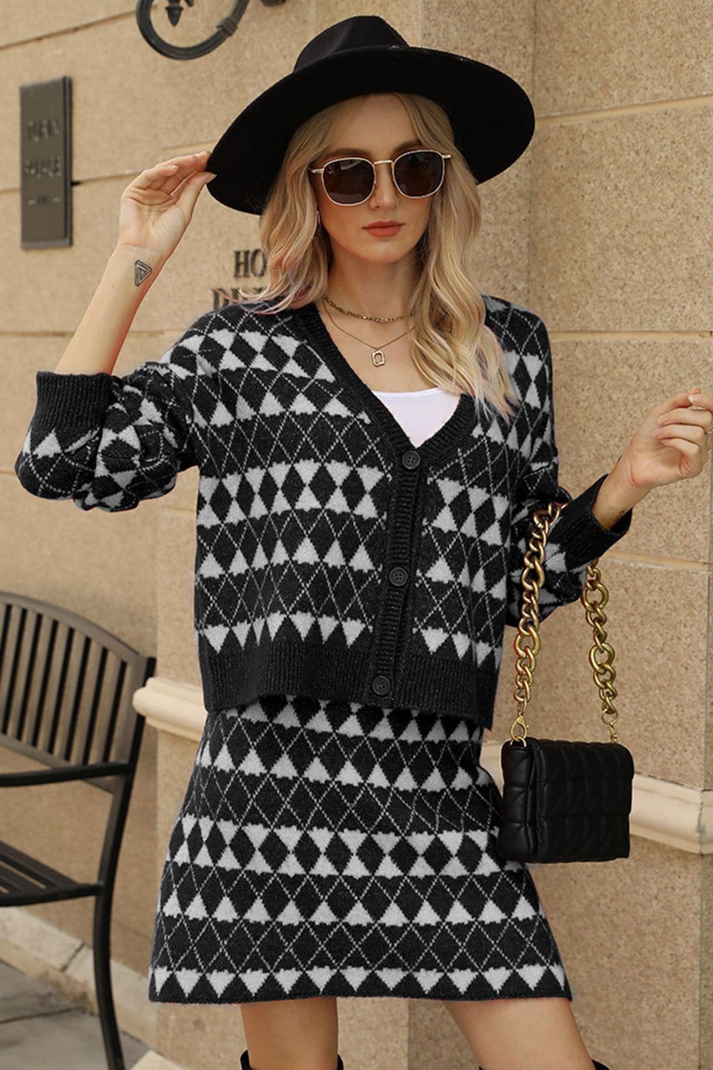 Geometric Dropped Shoulder Cardigan and Knit Skirt Set.