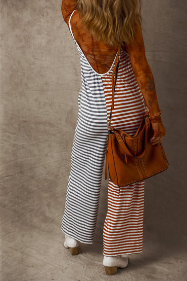 Yellow Striped Backless Spaghetti Strap Two-Tone Overall Dress