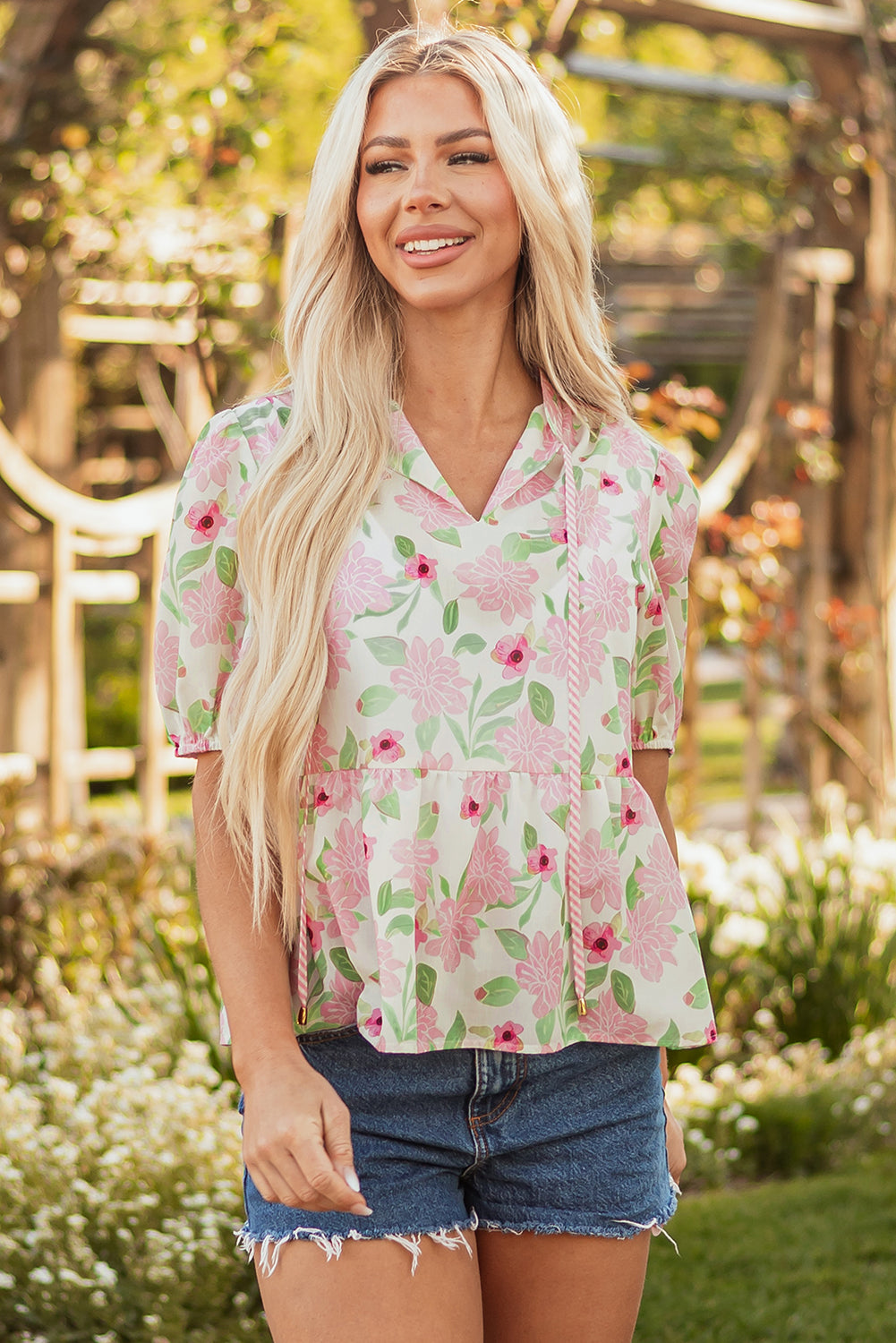 Pink Floral Print Drawstring V Neck Peplum Blouse for Women