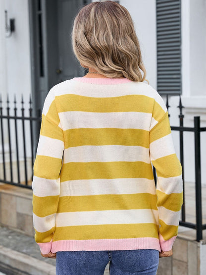 Striped Round Neck Dropped Shoulder Sweater.