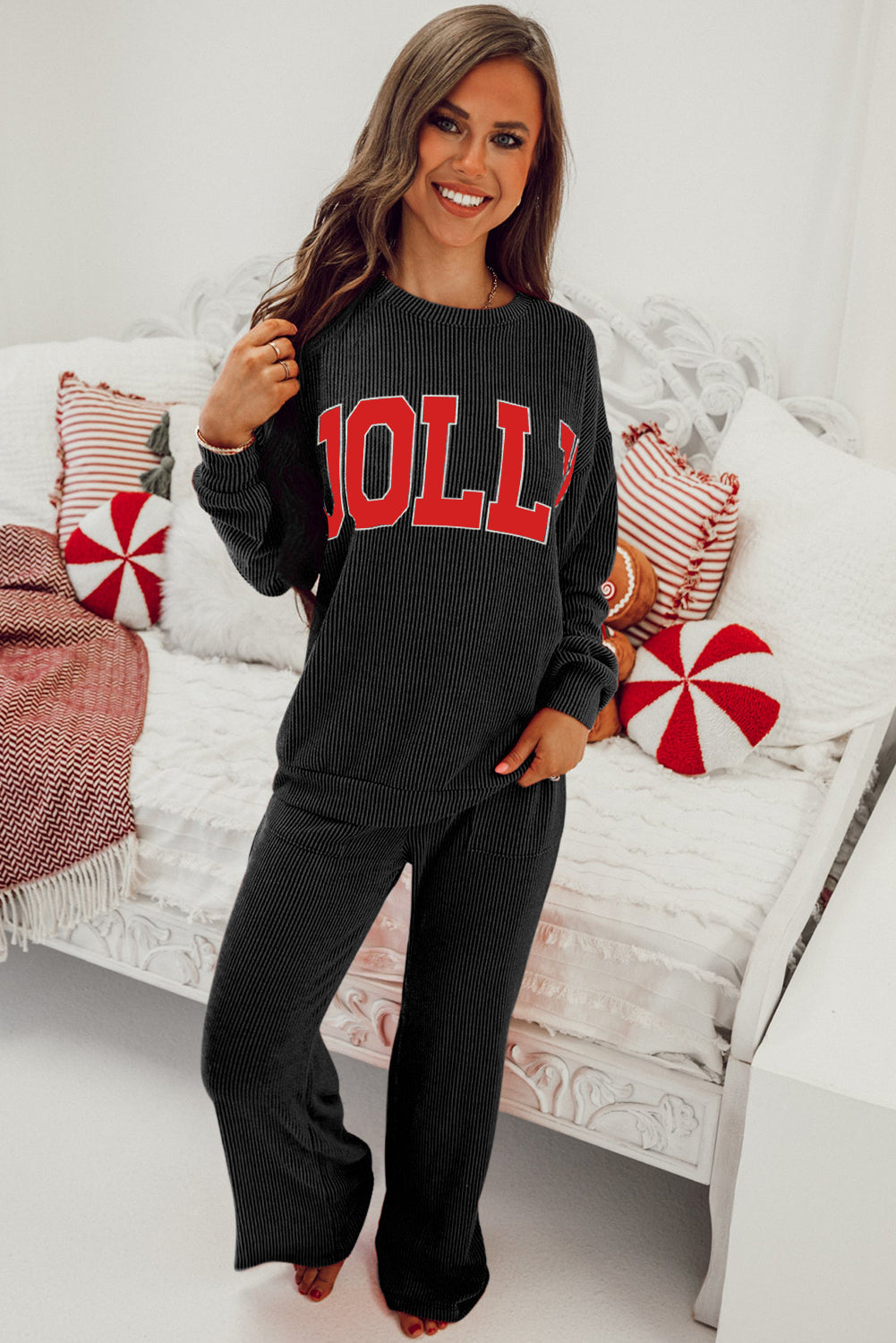Black Jolly Corded Long Sleeve Top And Pockets Pants Set