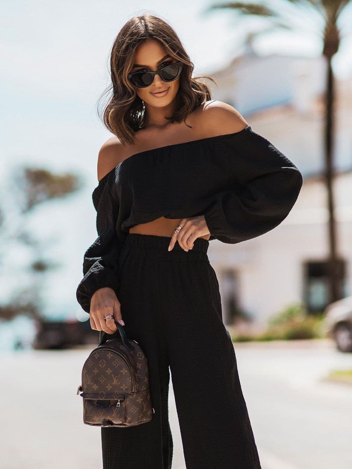 Off Shoulder Long Sleeve Top and Pants Set.