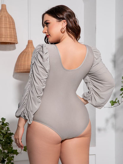 Plus Size Tied Deep V Balloon Sleeve One-Piece Swimsuit.