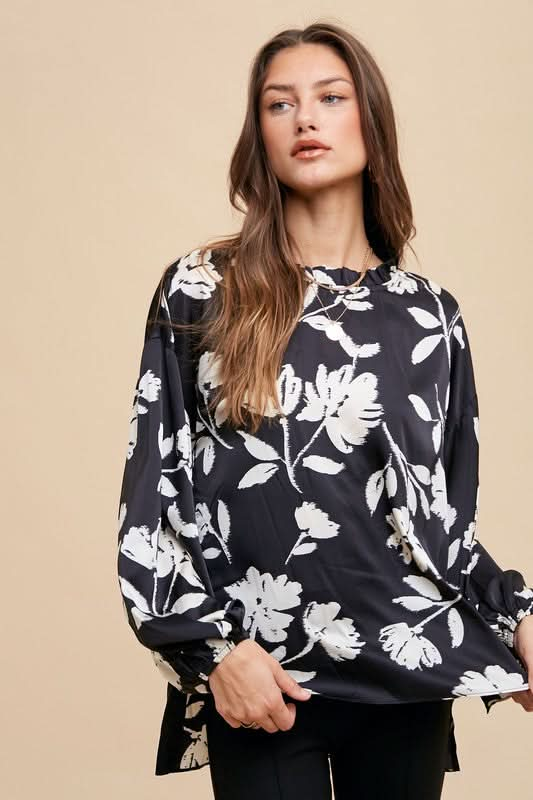 Frilly Elegance: Printed Balloon Sleeve Blouse