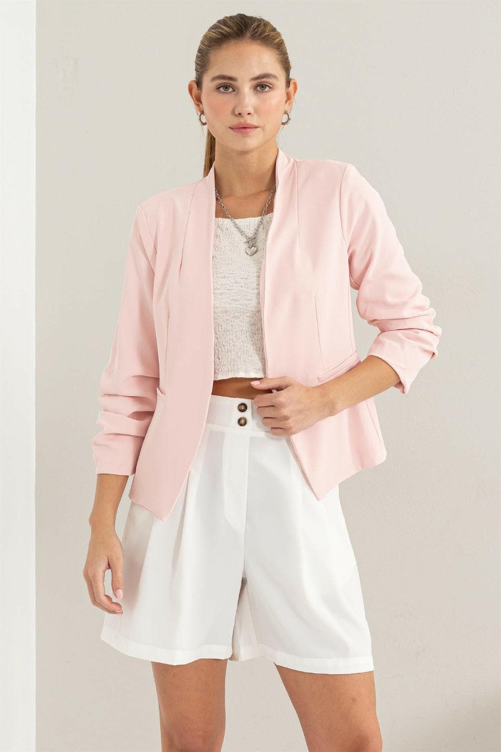 HYFVE Open Front Ruched Sleeve Blazer.